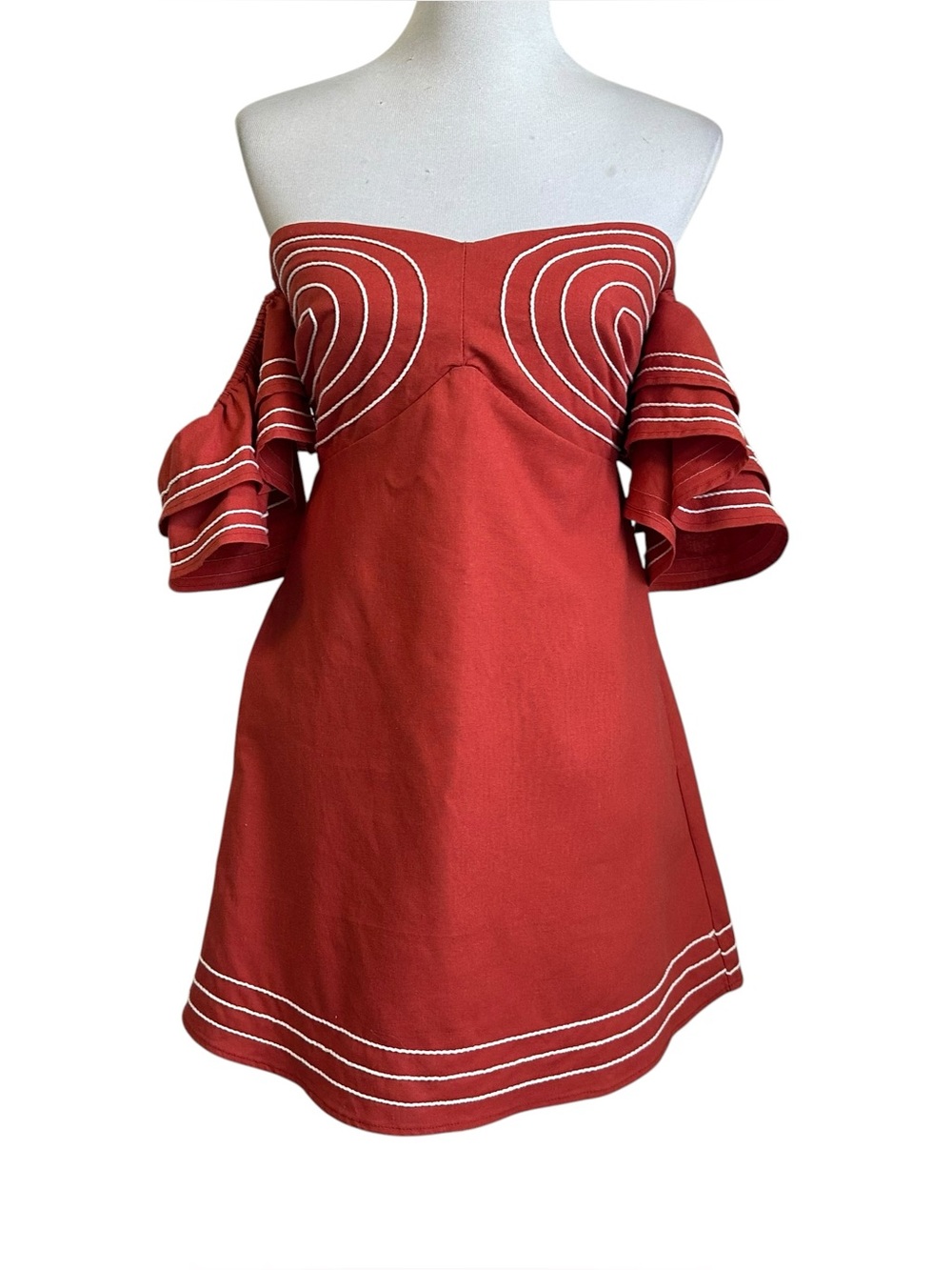 Strut & Bolt Off Shoulder Embroidered Linen Mini Dress Sz Small Terracotta Lined